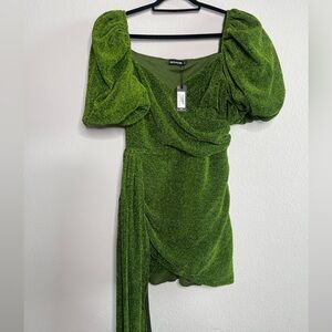 GREEN GLITTER PLISSE PUFF SLEEVE DRAPED BODYCON DRESS